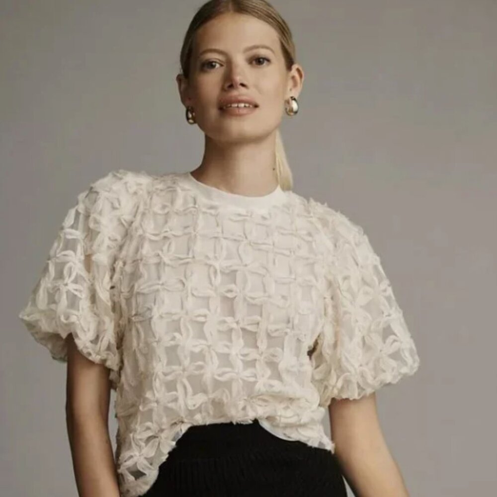 Sarah Hann Anthropologie Cream Blouse with Bow- NWT